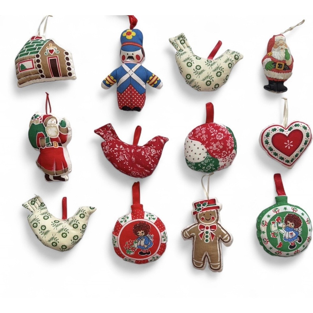 Vintage Christmas Ornament Set Bundle Lot Cloth Handmade Raggedy Ann Gingerbread
